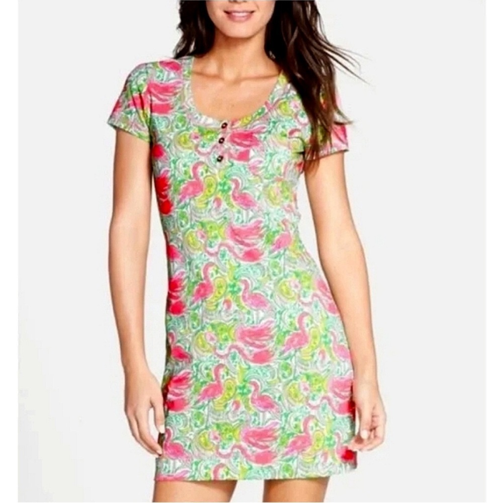Lilly Pulitzer Britton Henley Dress in Hot Wings Flamingo prima cotton vacation